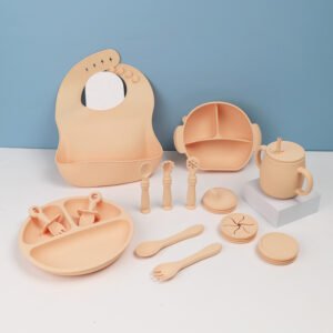 Silicone Children's Tableware Set Baby Feeding Solid Food Tableware Bib Suction Cup Bowl Spoon Plate Bib 15-piece Set - Beige 01315 Piece Set