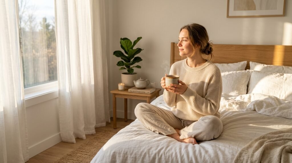 Person enjoying serene morning sunlight and herbal tea for natural circadian rhythm reset
