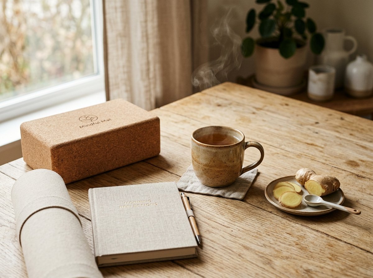 Herbal ginger tea, organic cork block, linen journal and yoga mat for mindful digestion