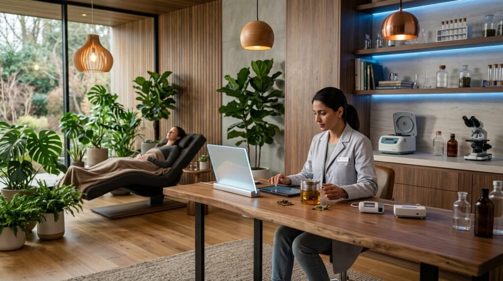 Modern longevity wellness laboratory and recovery sanctuary with tea infuser and diagnostic tools