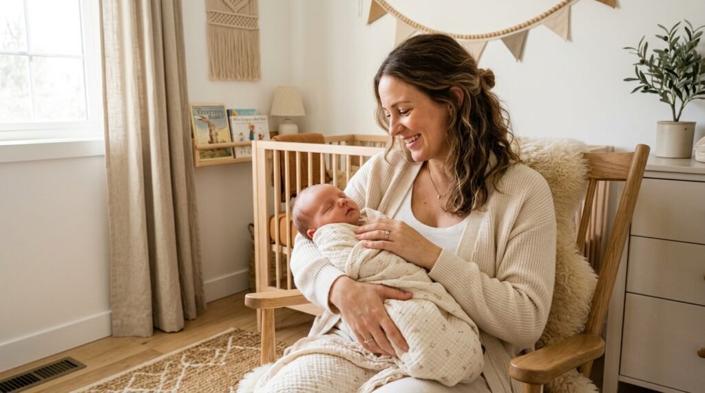Mother gently holding and smiling at her newborn baby in nursery