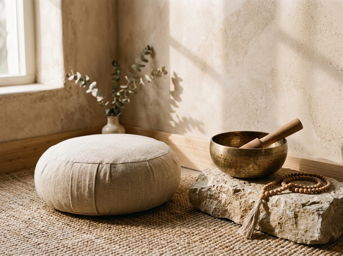 Linen meditation zafu cushion, bronze singing bowl, and sandalwood beads for pranayama practice