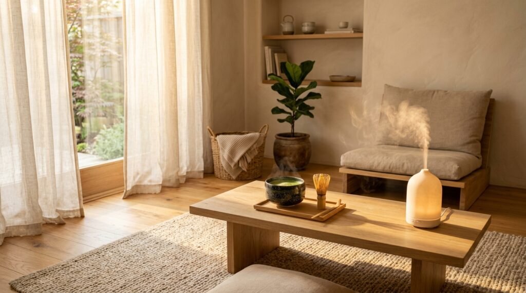 Aesthetic minimalist Japandi morning sanctuary with matcha bowl, oak wood table, and aromatherapy diffuser