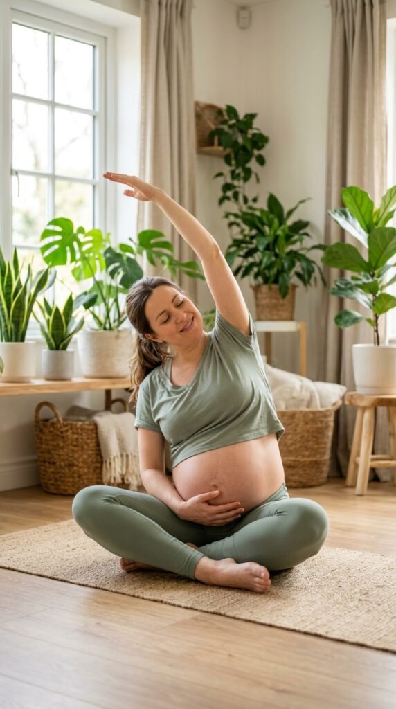 Vertical prenatal yoga pose for expecting mother