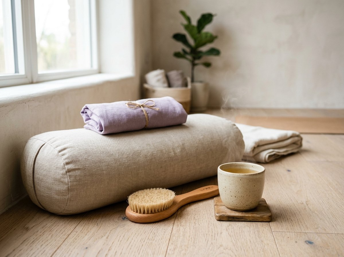 Linen bolster pillow, lavender eye pillow, wooden dry brush and herbal tea for lymphatic recovery