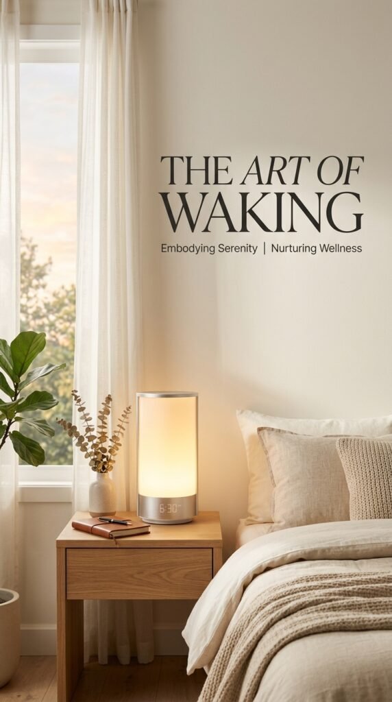 Vertical sunrise lamp in aesthetic serene bedroom