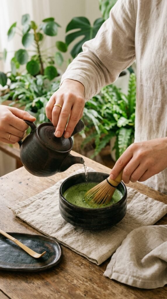 Vertical aesthetic slow living matcha whisk preparation on linen cloth