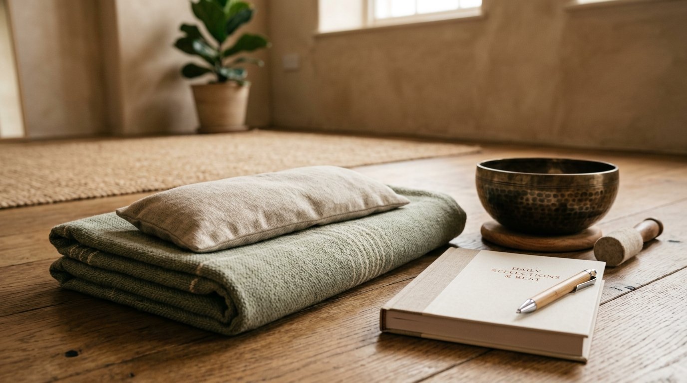 Yoga Nidra rest sanctuary setup with organic blanket, linen eye pillow, singing bowl and journal