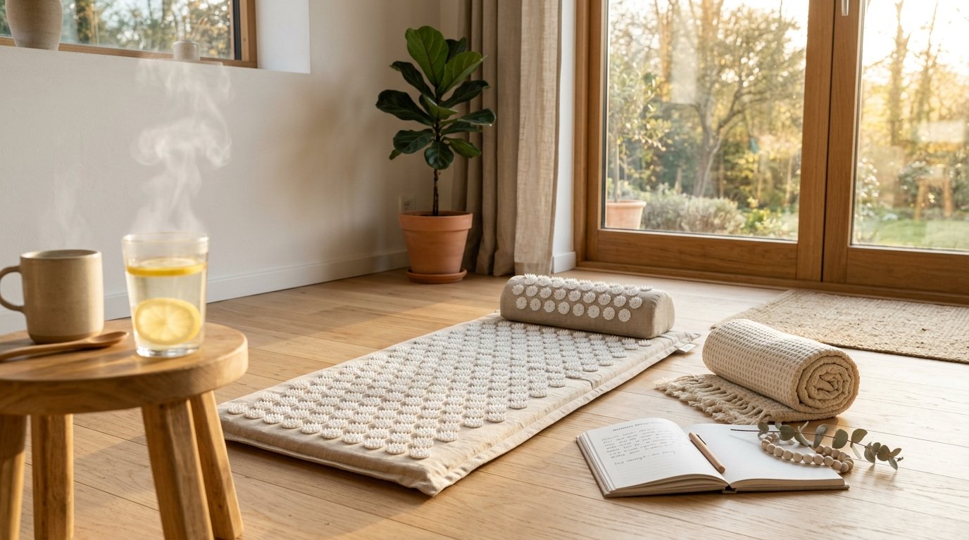 Acupressure Mat Morning Protocol sanctuary with linen spike mat, ergonomic cervical pillow, and warm lemon hydration