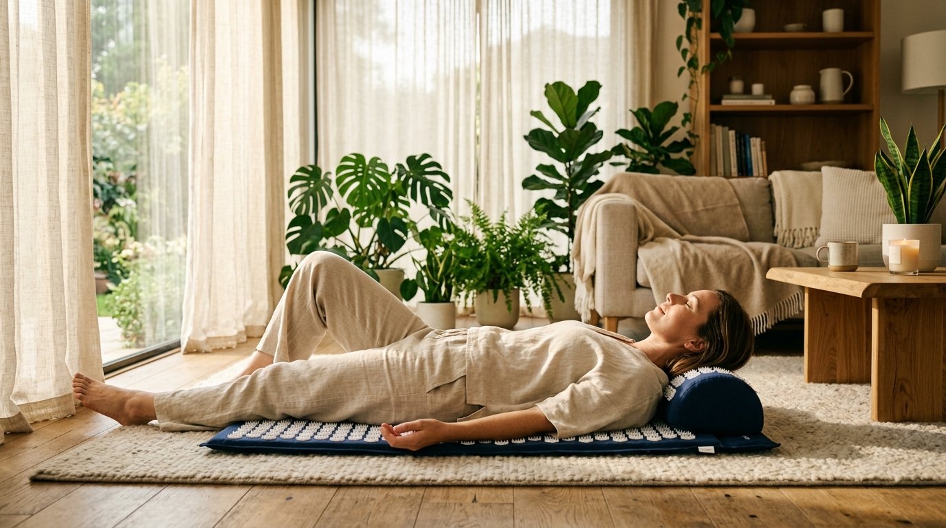 Woman relaxing on acupressure mat and pillow for morning parasympathetic nervous system reset