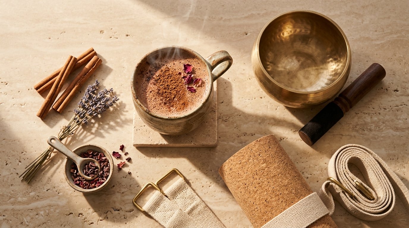 Aesthetic travertine flatlay featuring ceremonial raw cacao mug, Tibetan singing bowl, organic hemp strap, and rolled cork mat in dawn sunlight