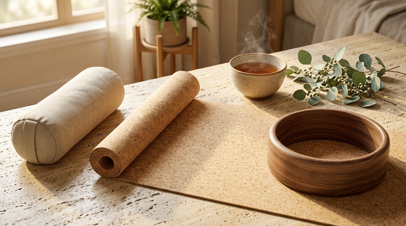 Bio-Tensegrity Yoga restorative setup featuring unrolled cork mat, solid wood yoga wheel, ceramic tea bowl, and bolster