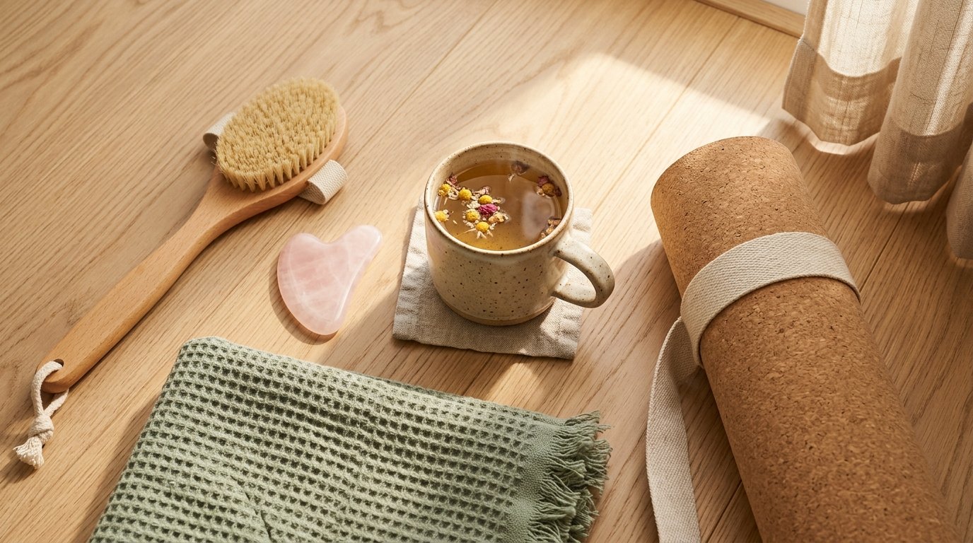 Morning lymphatic drainage props with cork yoga mat, rose quartz gua sha, dry brush, herbal infusion, and sage waffle blanket