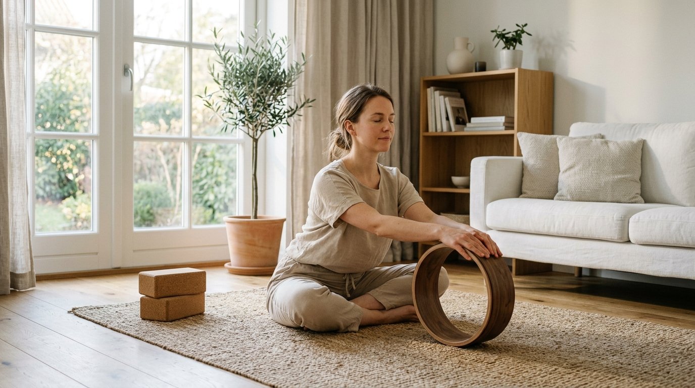 Woman practicing dopamine habit stacking and somatic spine extension with solid wood yoga wheel