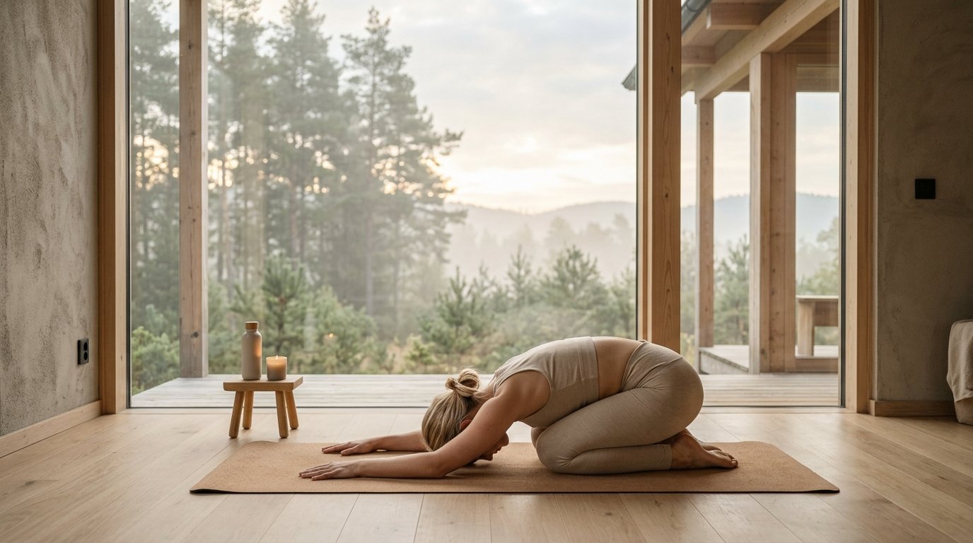 Epigenetic Yoga morning practice in sunlit Scandinavian wellness sanctuary on organic cork yoga mat