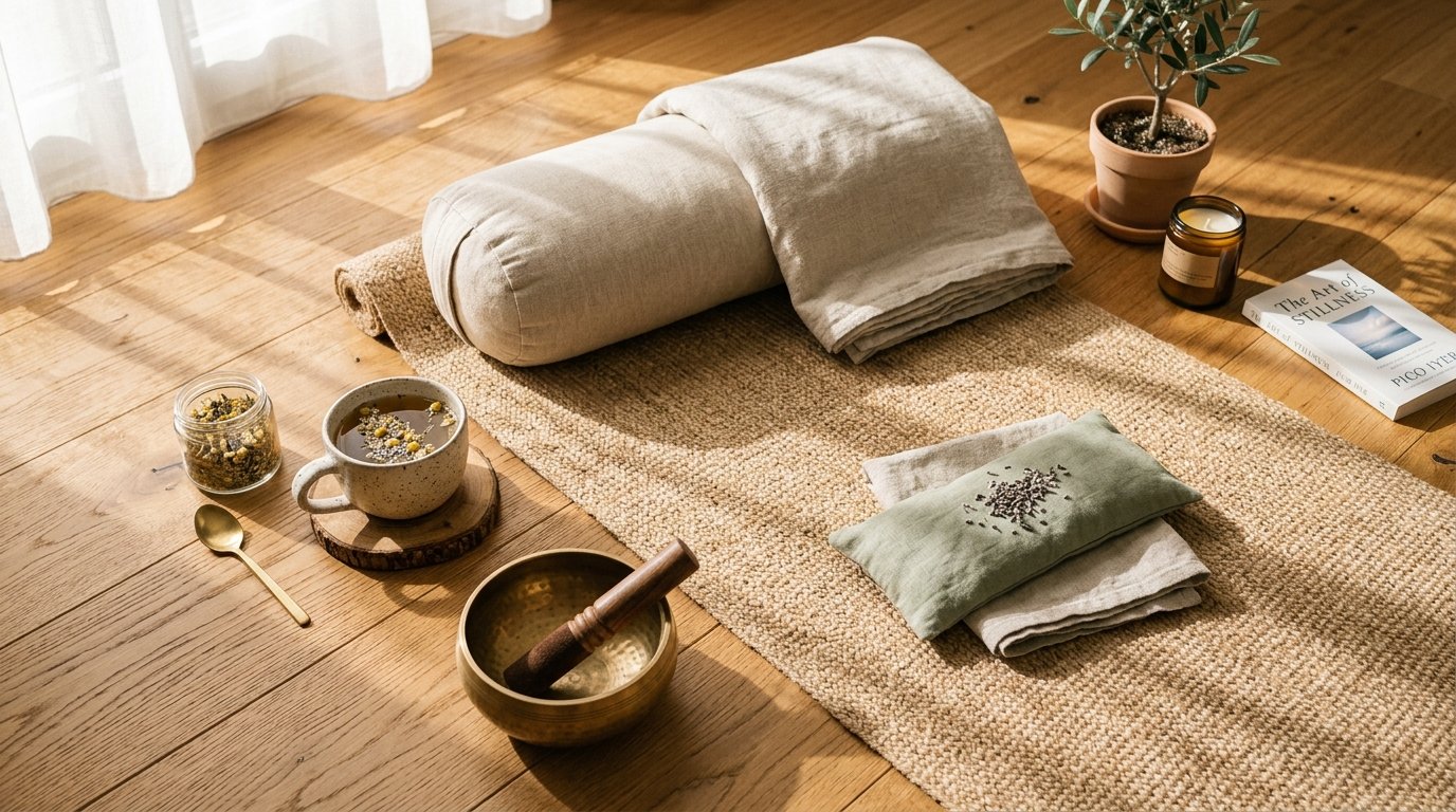 Epigenetic Yoga restorative morning setup with organic mat, bolster, herbal infusion, and singing bowl