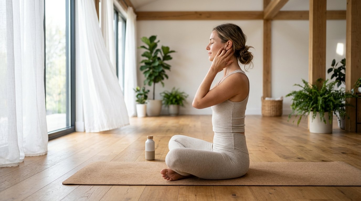Woman practicing suboccipital cervical decompression cradling skull base on cork mat in bright modern sunlit architectural yoga studio
