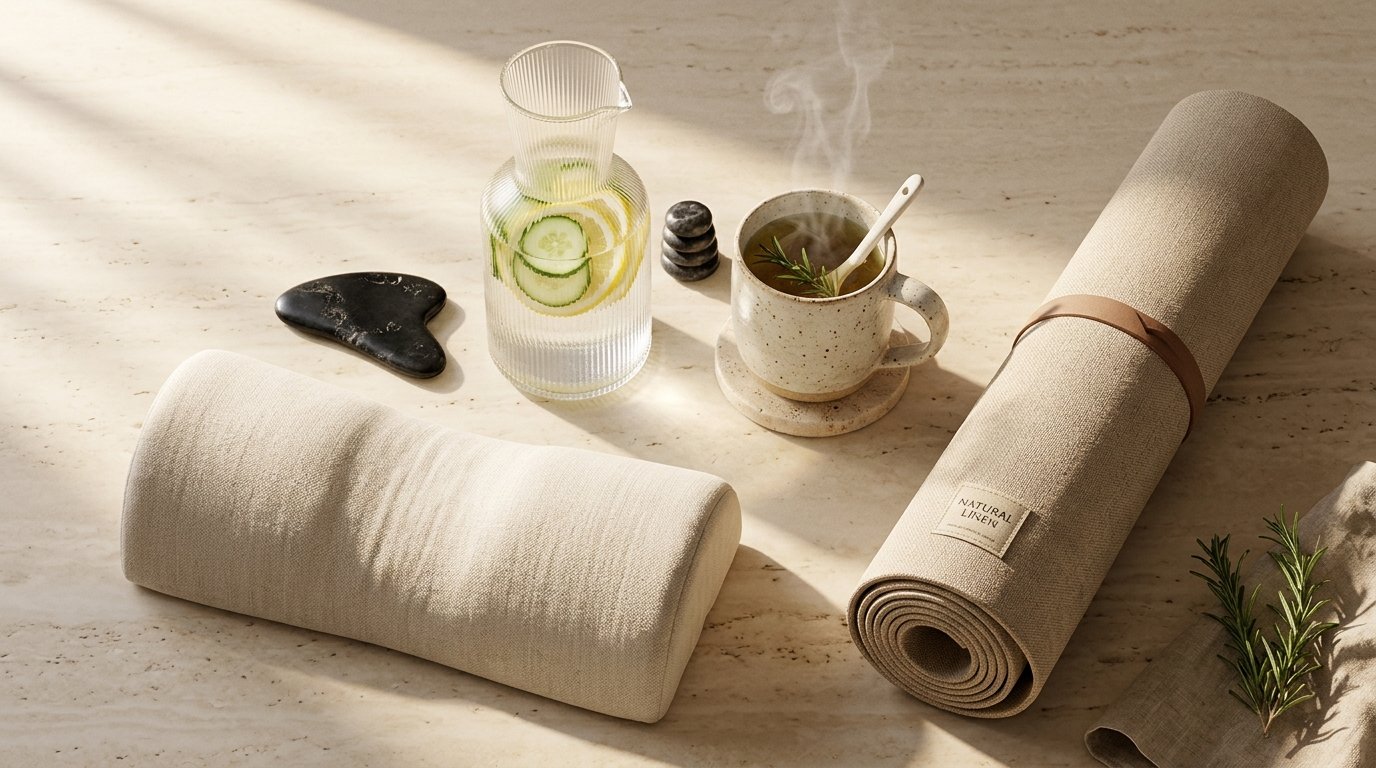 Aesthetic travertine marble flatlay with contour neck bolster, Bian stone lymphatic gua sha, organic herbal tea, citrus water carafe, and cork mat in morning sunlight