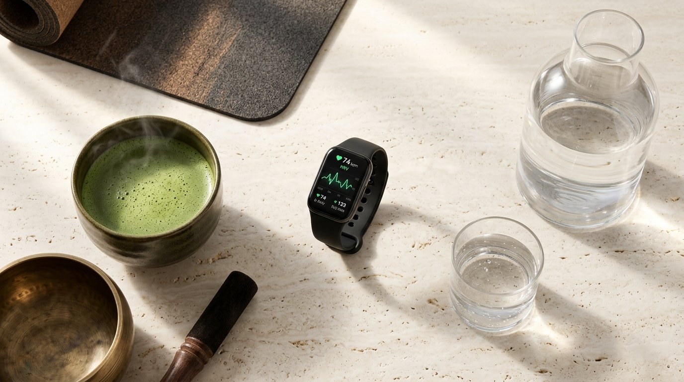 Morning flatlay on travertine stone with smart health band displaying HRV graph, organic matcha, singing bowl, and cork mat