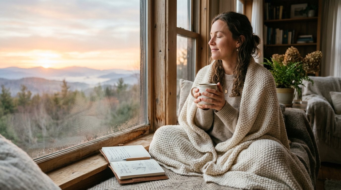 Woman practicing the art of morning stillness wrapped in knit blanket holding warm tea with morning journal