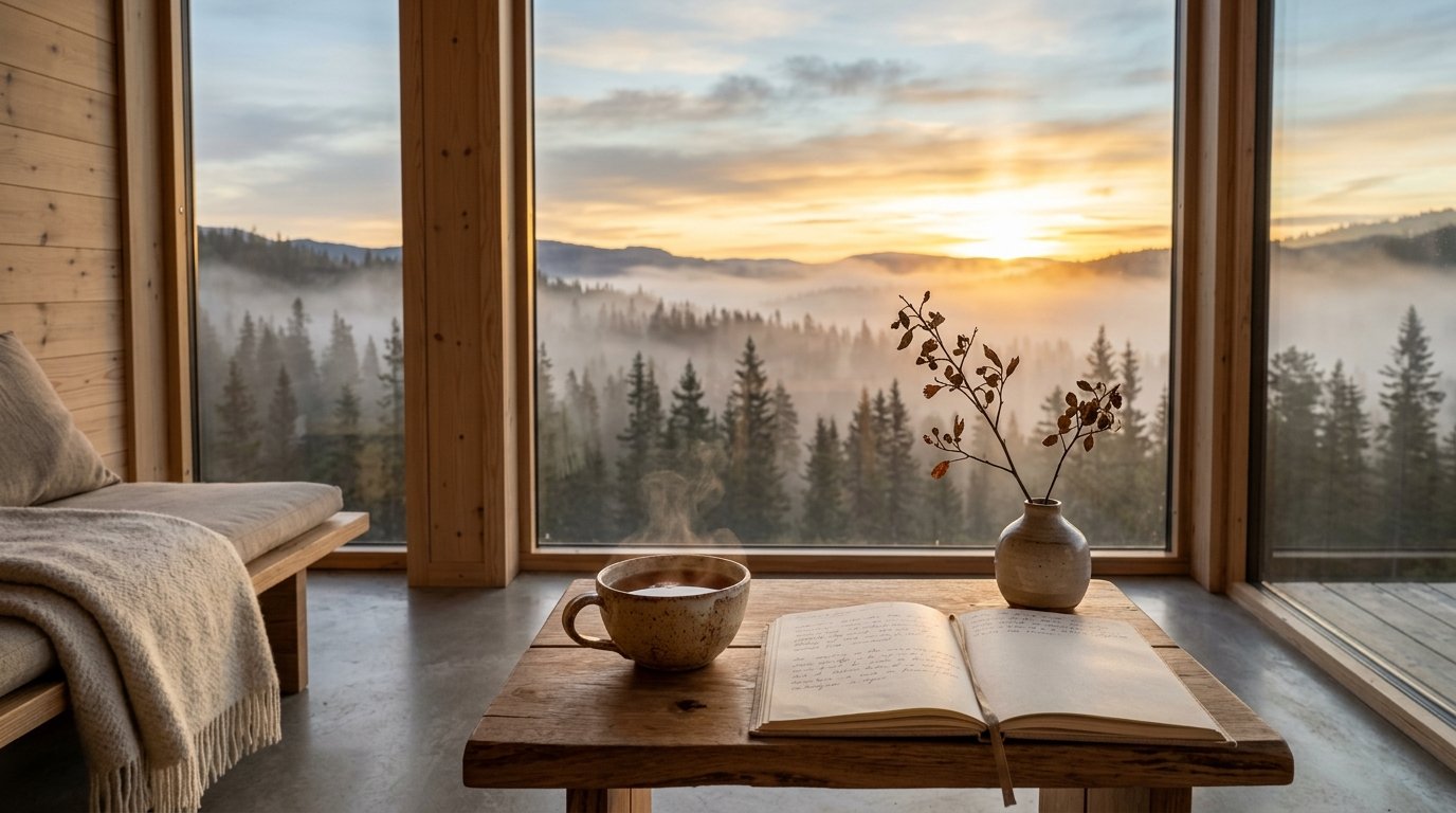 The Art of Morning Stillness sanctuary with tea, journal reflections, and sunrise over misty pine forest