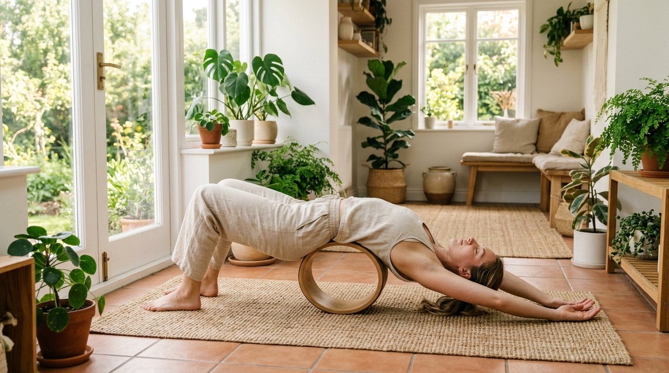 Woman performing restorative neuro somatic spinal extension with solid wood yoga wheel for thoracic decompression