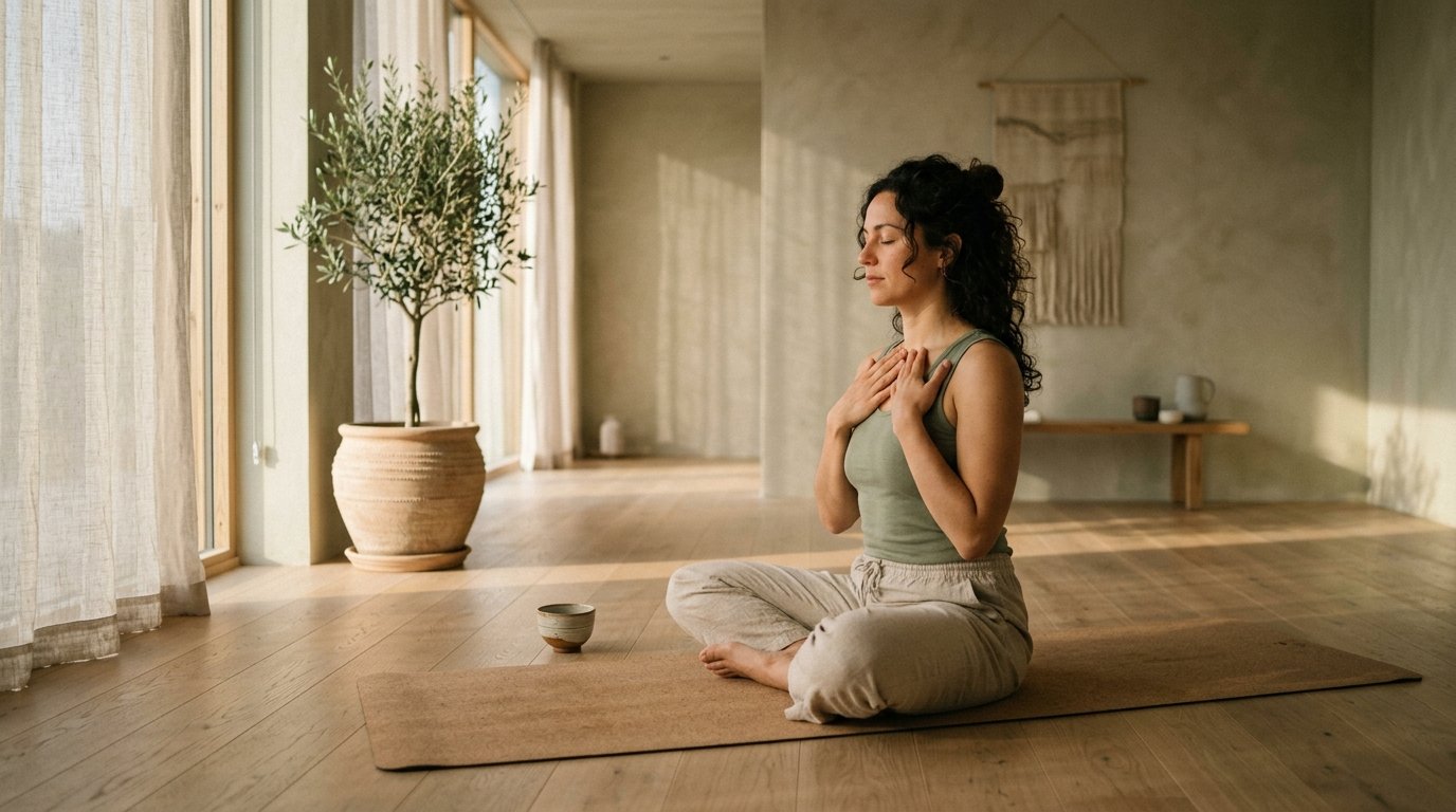 Neuro-Somatic Yoga morning flow with vagus nerve calming touch on cork yoga mat in sunlit morning sanctuary