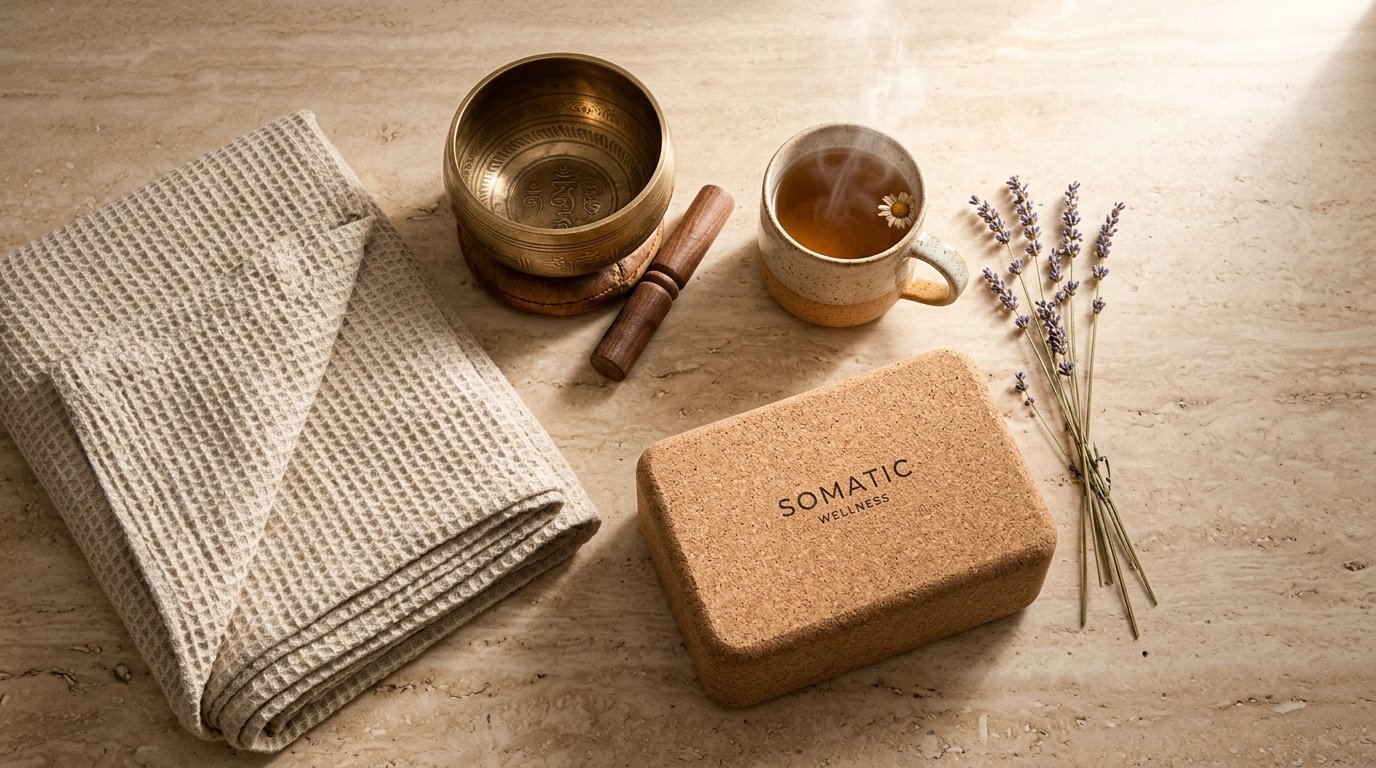 Travertine flatlay with oatmeal waffle-linen blanket, brass singing bowl, cork block, chamomile herbal tea, and lavender sprigs in morning sunlight