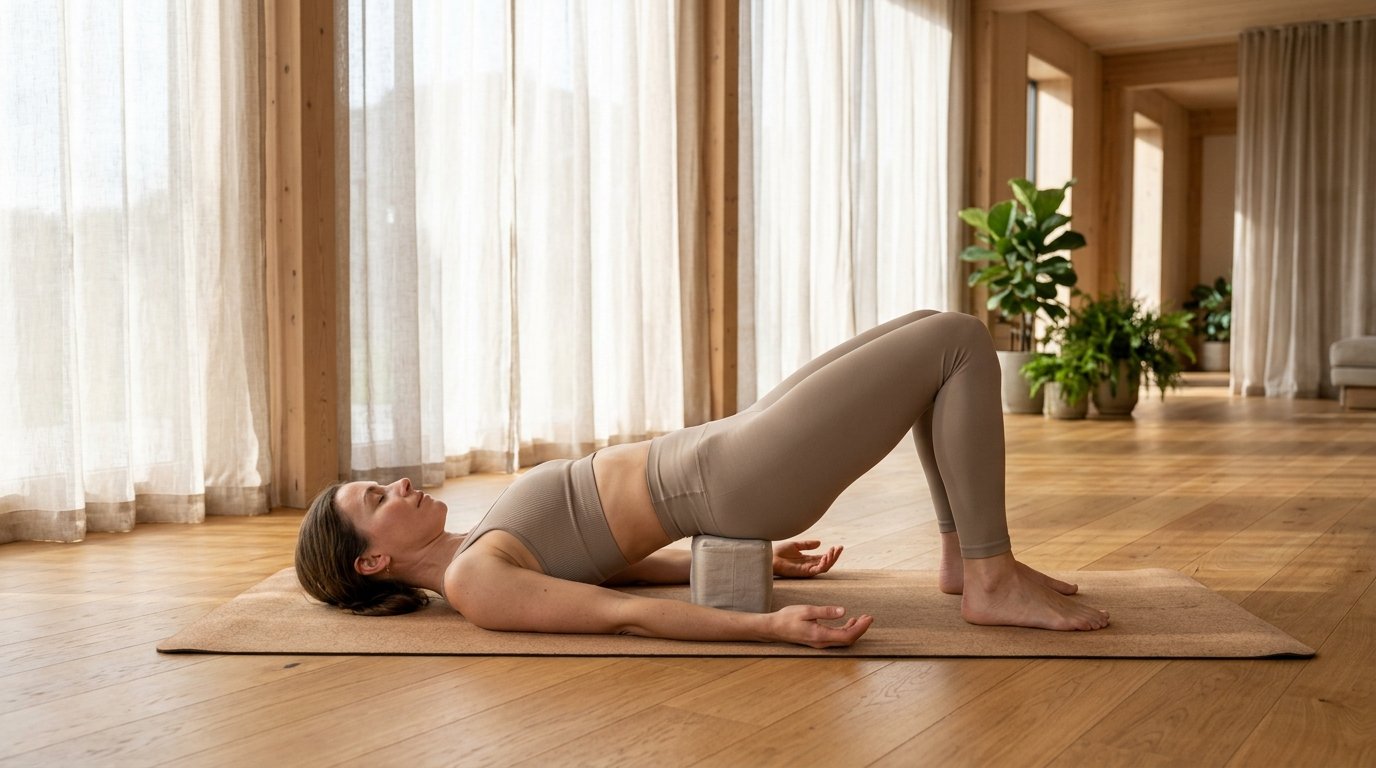 Woman practicing supported pelvic lift on cork yoga mat in bright sunlit modern studio for neurogenic tremor induction