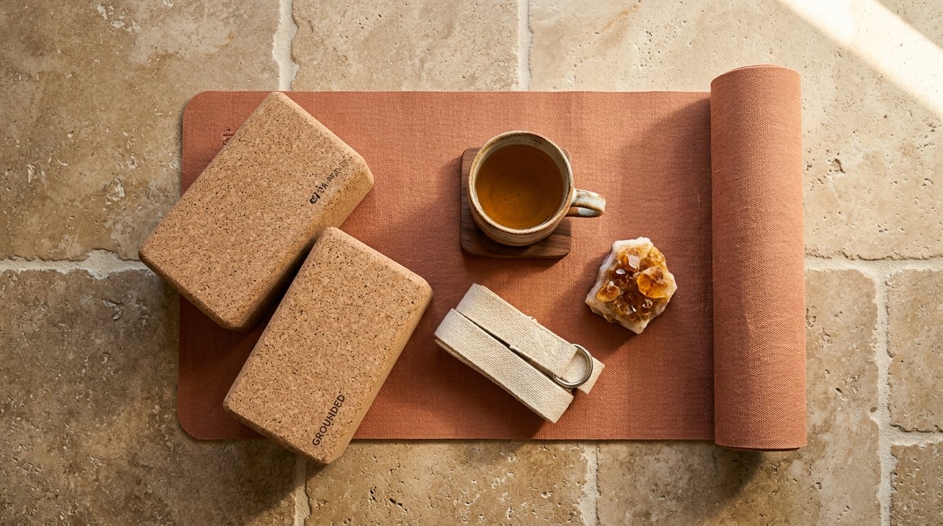 Somatic Psoas Yoga prop setup with cork blocks, strap, herbal tea, and amber crystal on limestone tile