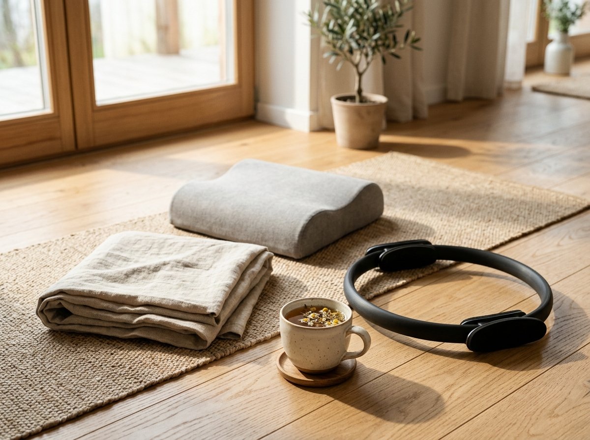 ABS yoga circle fascia ring, cervical spine traction pillow, linen blanket, and herbal tea on wooden floor