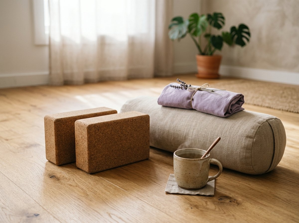Cork yoga blocks, organic linen bolster, lavender eye pillow and herbal tea for yin yoga hip release